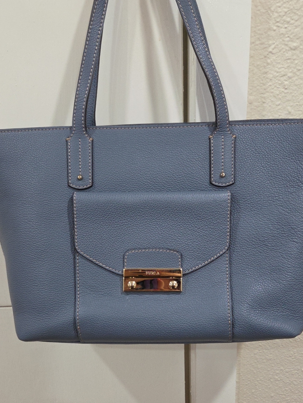 Furla Women's Blue Leather Tote Bag with Front Pocket